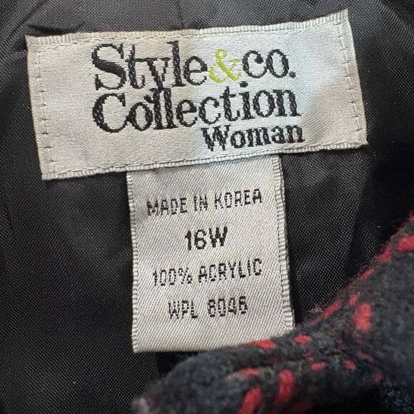 Style & Co Coat Womens 16W Red Black Plaid Button Up Plus Fall Core Timeless - Picture 3 of 6
